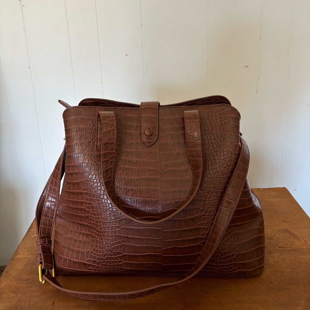 Croc-Embossed Leather Tote Bag in Brown